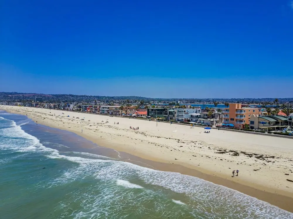 Aerial view of the Mission Beach coastline in San Diego