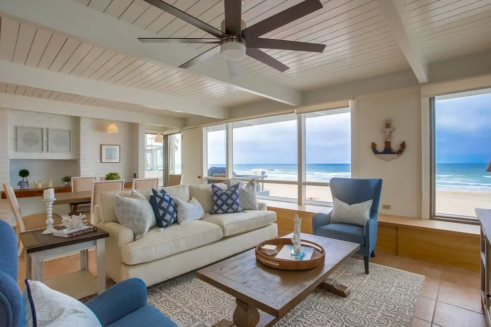 Upper-level living room overlooking the Mission Beach boardwalk and Pacific Ocean